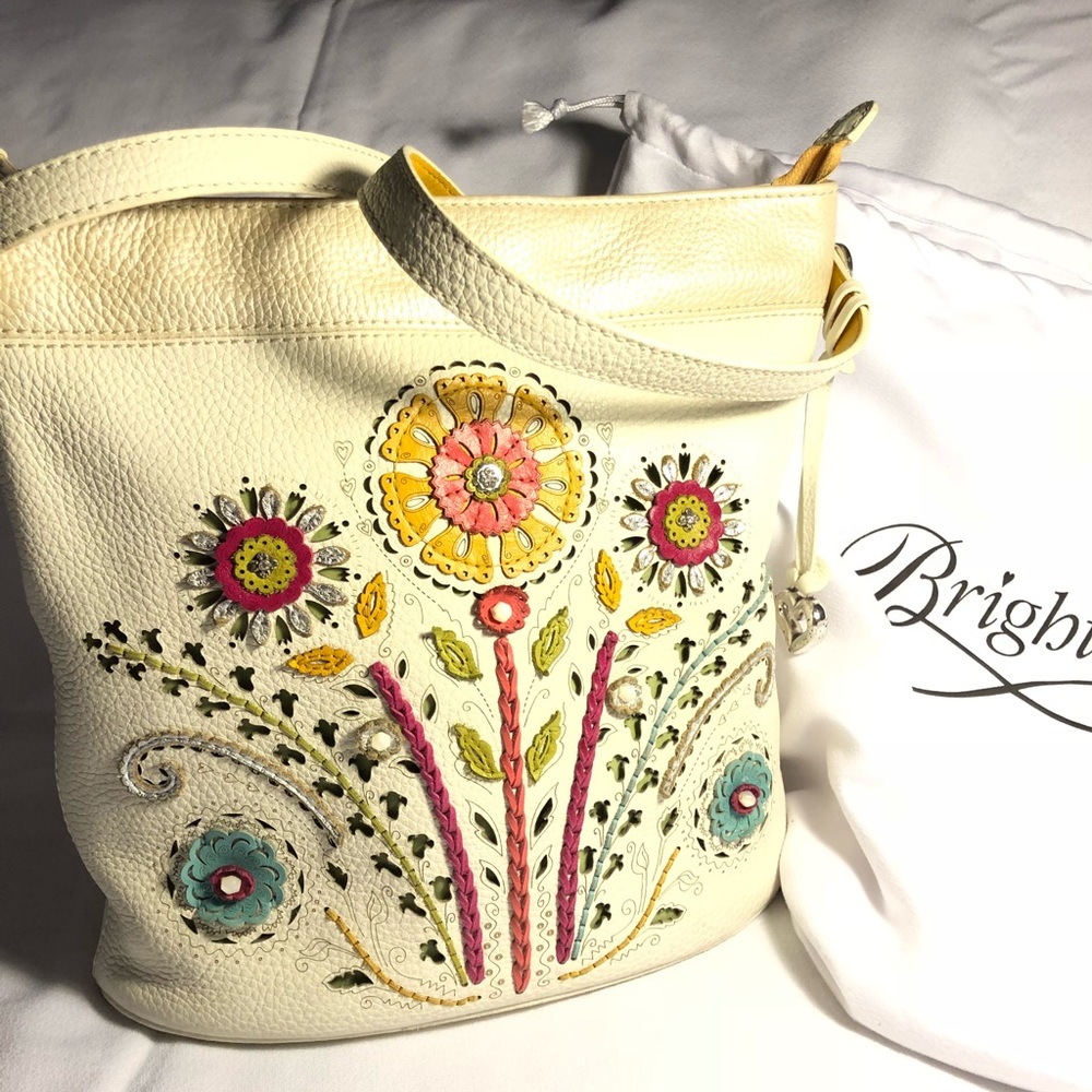 Brighton Cream Shoulder Bag with Floral Embroidery